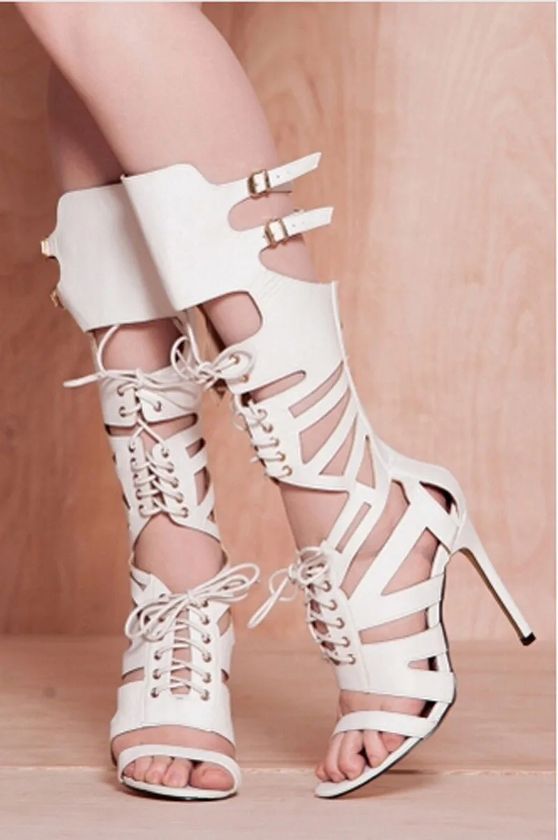 new design cut-outs lace up buckle strappy high heel gladiator sandal boots knee high stiletto heel summer boots