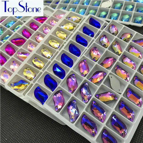 Topstone s-образные пришивные стразы плоские стеклянные кристаллы 6x12 10x20 мм Разноцветные AB пришивные камни для костюма платья