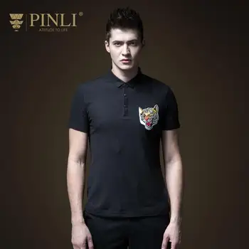 

2019 Pinli Summer Cotton Casual Animal Slim Solid New Men's Decorated Body Embroidered Short Sleeve shirt Polo Top B192312282