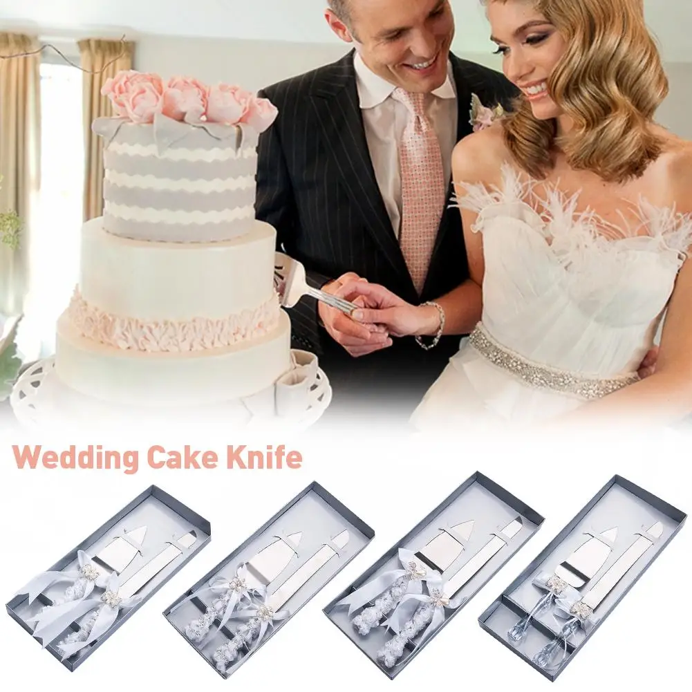 

Wedding Slicer Serber Set Stainless Steel Cake Server Wedding Cake Cutter Server Set Flower Bow With Crystal Handle