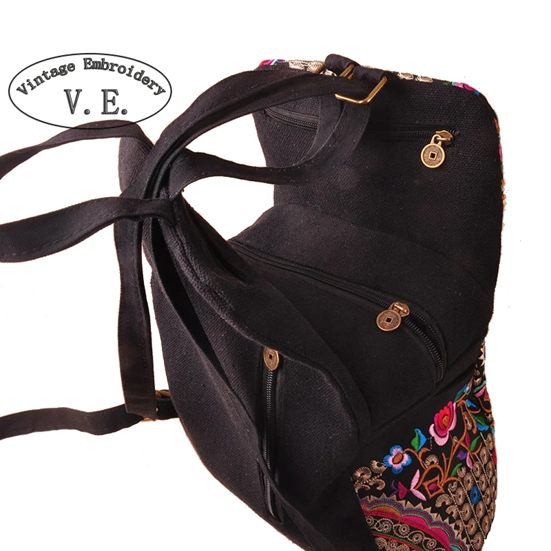 Mochila de lona étnica bordada Vintage para mujer hecha a mano con flores bordadas bolsas de viaje Mochila