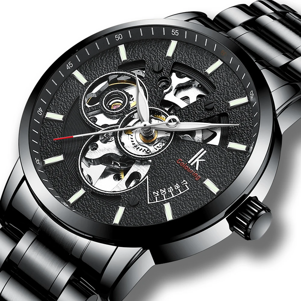 

IK Colouring Men Watches Luxury Automatic Mechanical Watches Fashion Skeleton Design Luminous Hands Stainless Steel Wristwatch