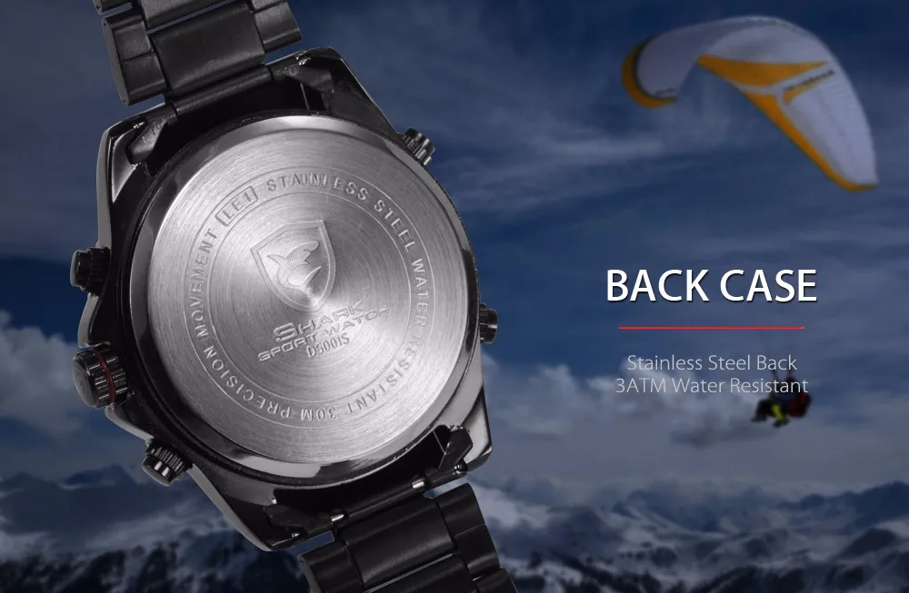 Спортивные часы Mako SHARK, брендовые черные часы с двумя датами времени, Masculino, стальной ремешок для мужчин, наружный цифровой светодиодный кварцевые спортивные часы/SH001