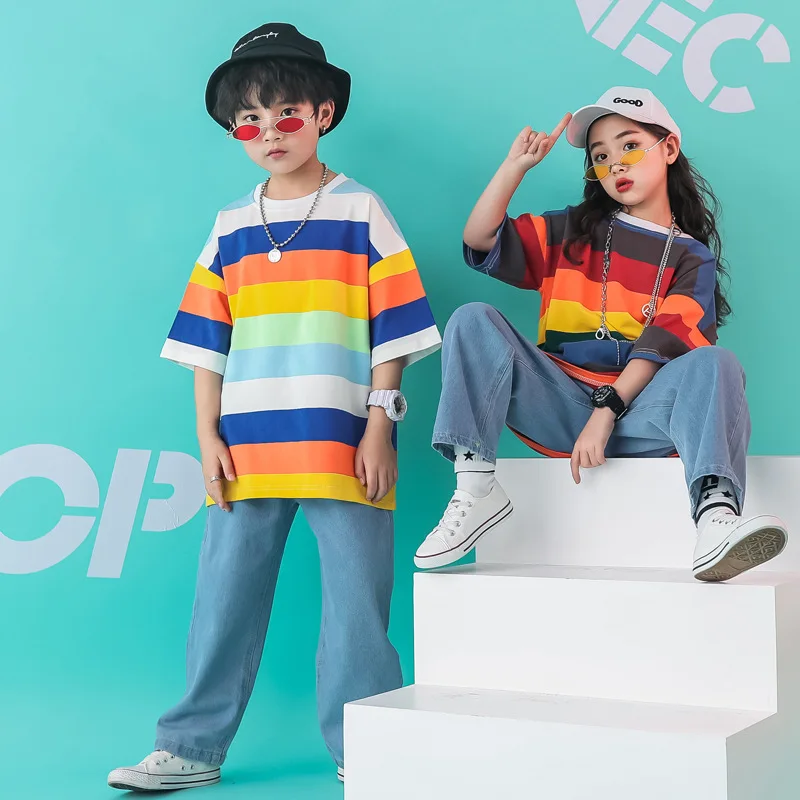 Полосатая футболка джинсовые штаны костюм детские танцевальные костюмы в стиле