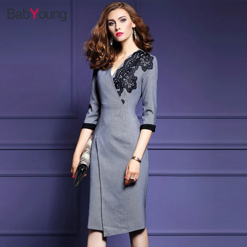 

BabYoung Women Office Dress Elegant 2017 Vintage Embroidery dress Cloth Slim Work Office Business Party Bodycon Dress