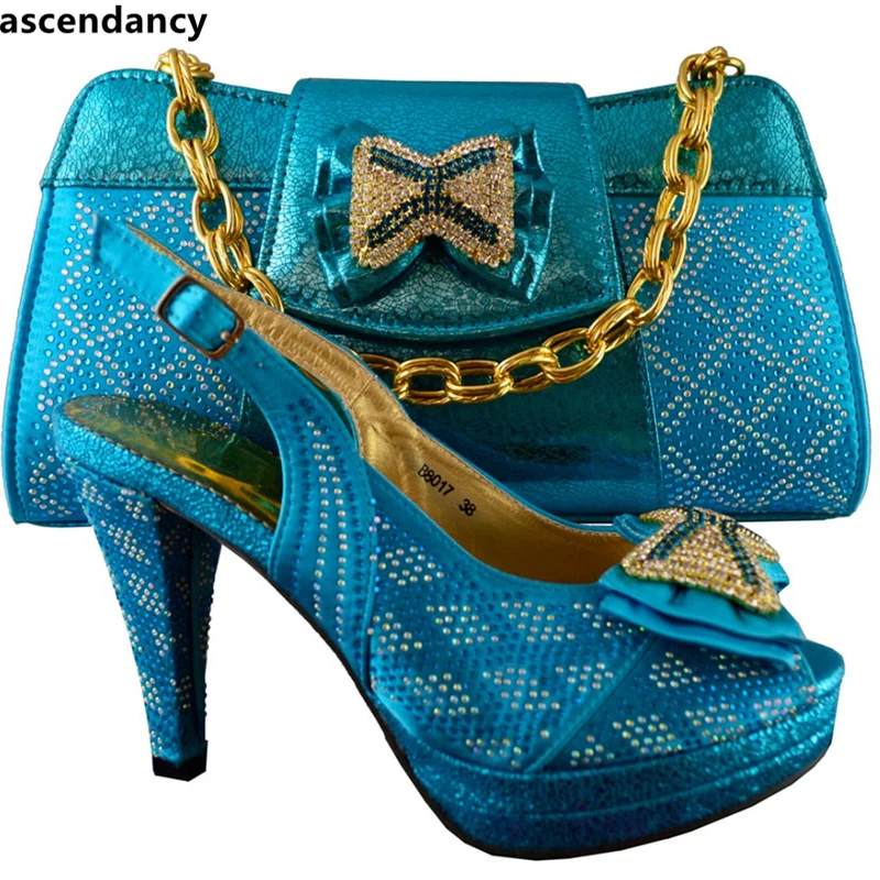 

Latest Blue Color African Shoes and Matching Bags Italian Rhinestone Blue Shoe and Bag Set Shoe and Bag Set for Party In Women