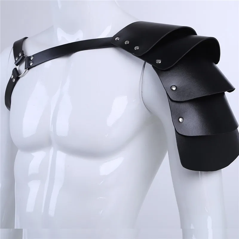 Online Men Bondage Lingerie Gay Men Harness One Strap Leather Adjustable Body Chest Harness Bondage Arnes Cosplay with Shoulder Armors