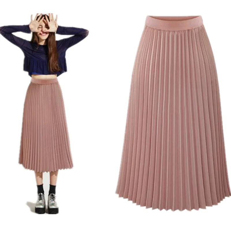 

New fashion women chiffon skirt Empire waist Pleated women skirt knee-length Solid color A-line clothes