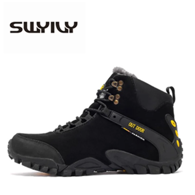 

SWYIVY Snow Boots Men Sneakers Winter High Top Velvet Fur Warm Hiking Shoes 2019 Winter Male Sport Shoes Genuine Leather Sneaker