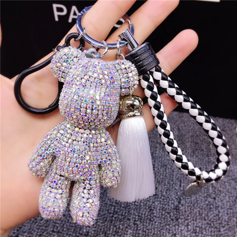 

Luxury Handmade Rhinestones Crystal Bear Keychain Leather Tassel Car Keychain Keyring Bear Key Chain Handbag Accessories Gifts