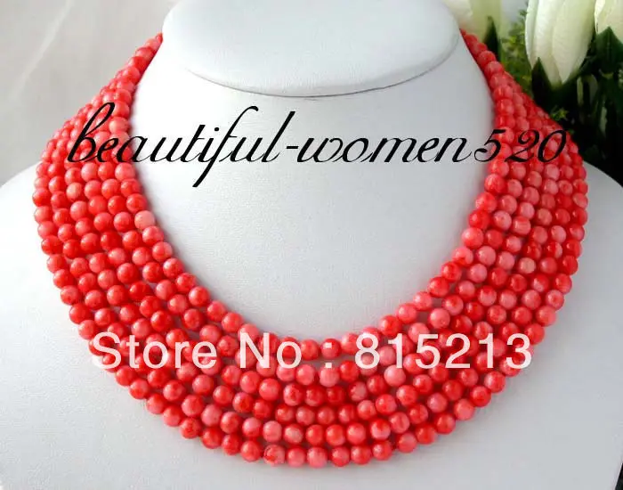 

ddh0084 6strands 6mm pink round coral necklace 925silver clasp