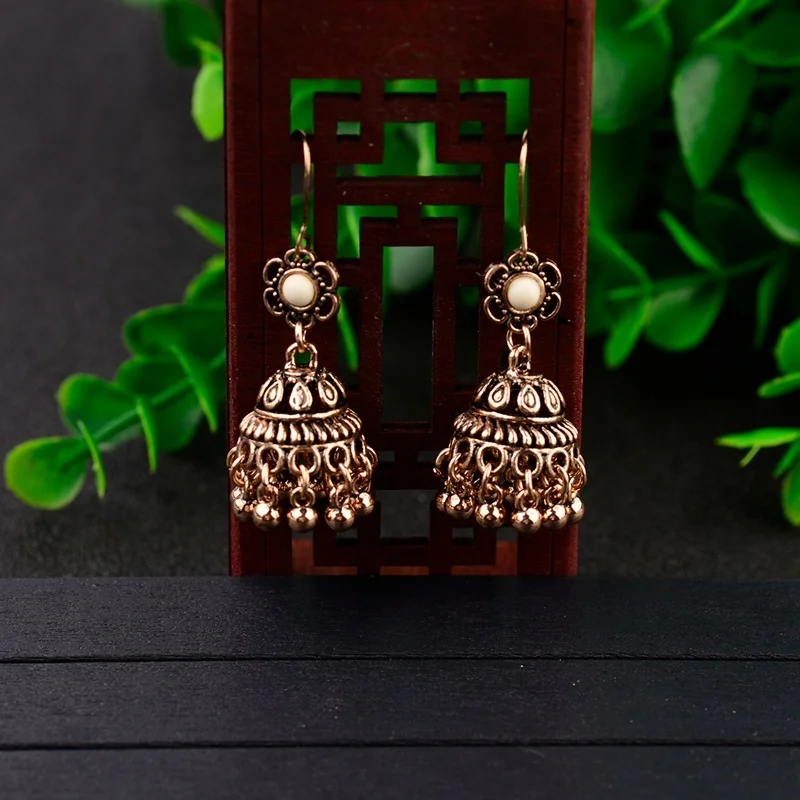 TopHanqi античный этнический индийский Jhumka Jhumki серьги для женщин Бохо Винтаж полые цветок висячие серьги с бисером цыганские украшения