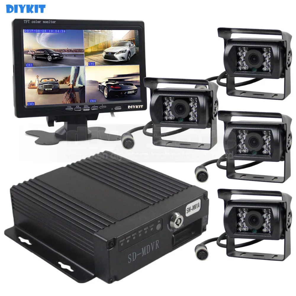 

DIYKIT SD 4CH Car DVR Video Recorder 7inch HD Car Monitor + 4 x Night Vision Rear View Camera For Truck Van Bus