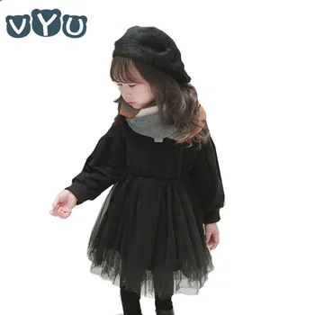 

2018 New Autumn Winter Kids Girls Dress Long Sleeved Thicken Patchwork Tulle Dress Crown Pattern Mesh Party Princess Dress