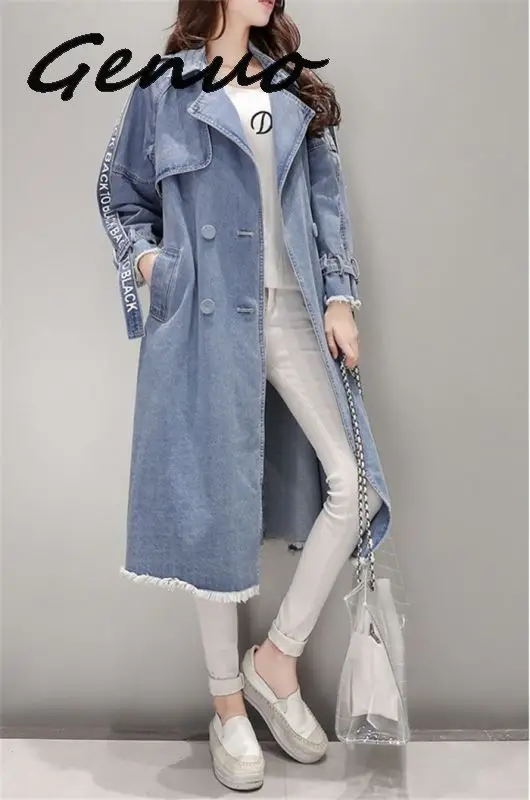 Women's Trench Coat spring Waist Denim Windbreaker Fashion Full Sleeve Outwear Printed Female Long Denim Coat Loose Big Size