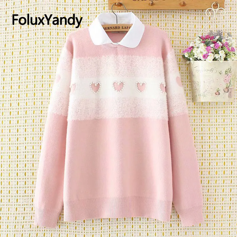 Pearls Knitted Sweater Women Turn-down Collar Pullovers Loose Casual Plus Size Sweater Blue Pink KKFY2948 Pearls Knitted Sweater Women Turn-down Collar Pullovers Loose Casual Plus Size Sweater Blue Pink KKFY2948