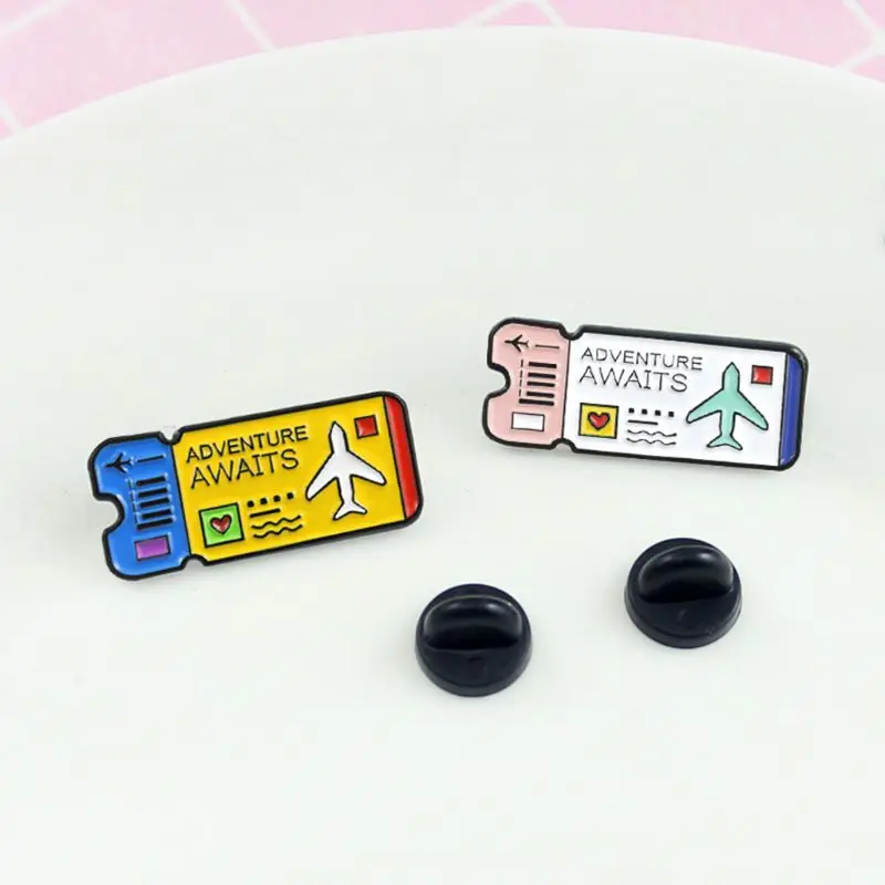 

Cartoon Cute Air Ticket Alloy Brooch Adventure Awaits Mini Pins Badge Enamel Lapel Pin Cute Dresses Hat Scarf Decor Accessory