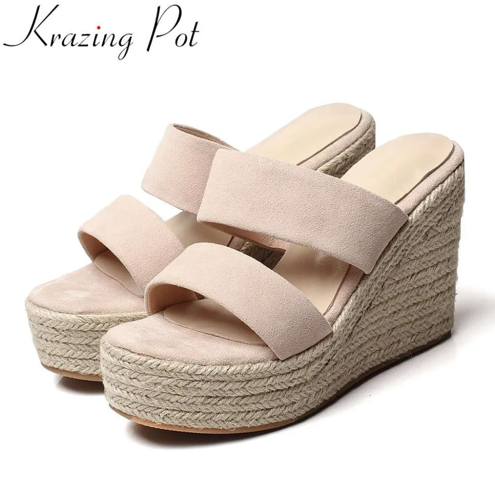 

Krazing Pot full grain leather gladiator shoes slip on mules wedges platform peep round toe straw decoration fairy sandals L84