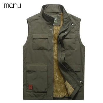 

MANLI Brand 2018 Autumn Winter Men Coat Warm Sleeveless Jacket Multi Pocket Vest Men Coat Fleece Army Green Waistcoat Jeep Vest