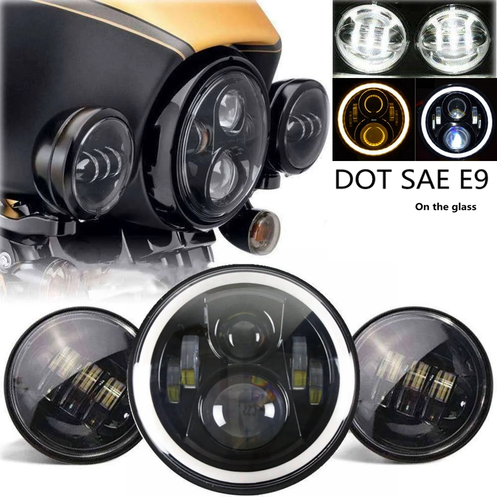 

7" Round Angel Eye Led Halo Motorcycle Projector Hi/Lo Headlight 4.5" Foglight KIT For Touring