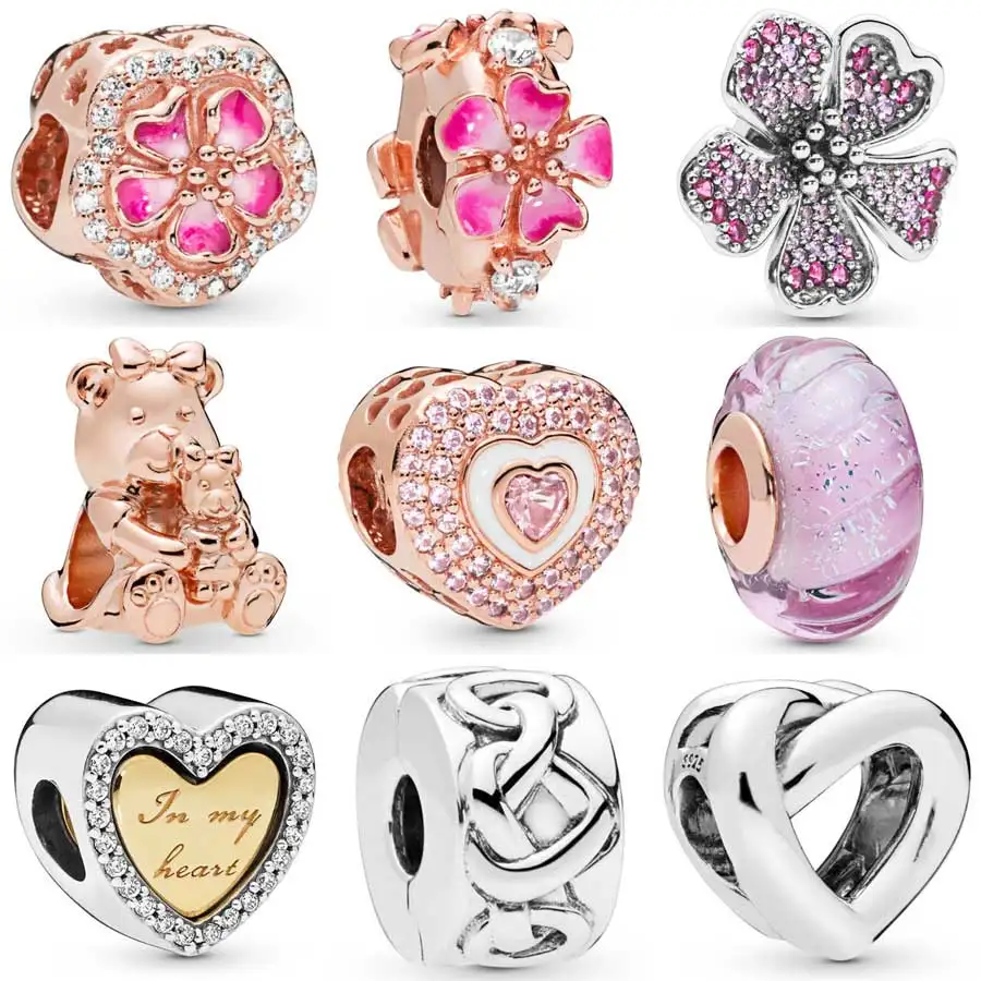 

Rose Peach Blossom Dora Bear Shine In My Hearts On Hearts Knotted Heart Beads Fit Pandora Bracelet 925 Sterling Silver Charm