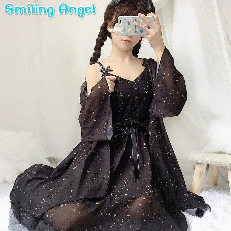 

Adult Black/red/white Lolita Dress Coat Starry Sky Cosplay Costume Female Summer Suit Chiffon Prevented Bask Clothes For Girls