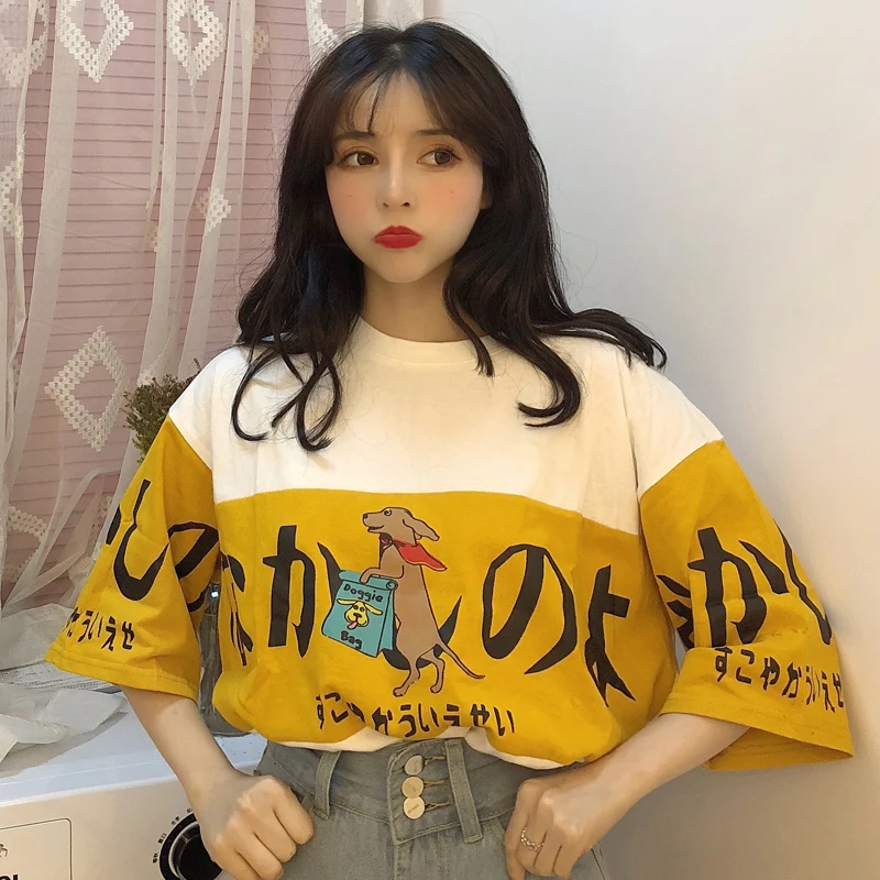 

Ulzzang summer cute Japanese cartoon tops new Harajuku female Three Quarter Korea large size loose casual fun Cotton T-shirt