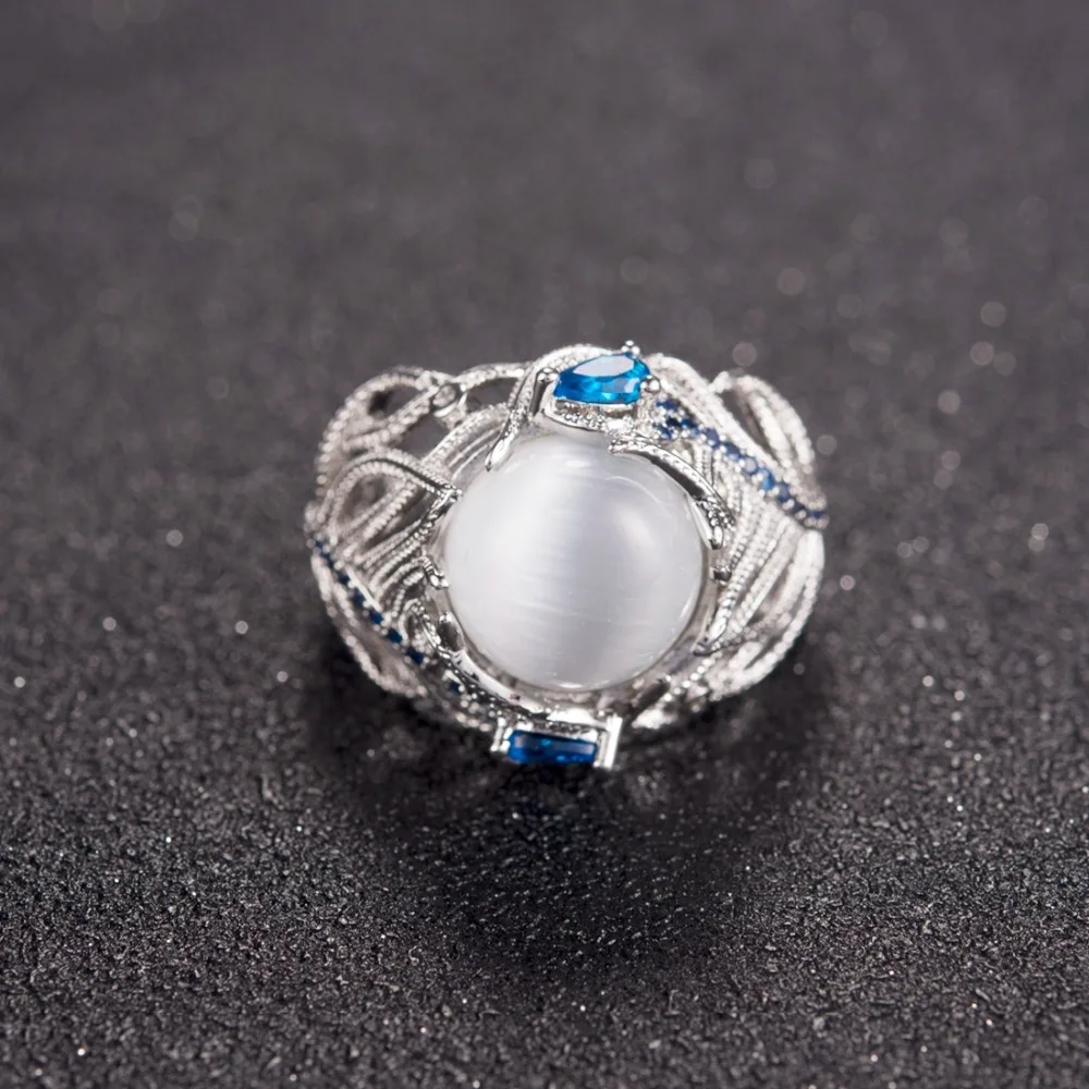 2018 Vintage Silver Hollow Natural Opal Cat Eye Rings Silver Feather Big Stone Rings for Women Fashion Jewelry