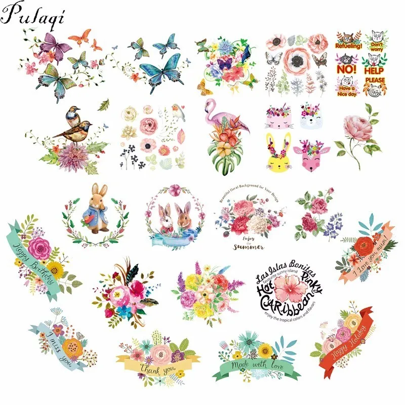

Pulaqi Flower Bird Iron On Transfers Vinyl Patches Cat Animal Heat Thermal Transfer DIY Patch For T-Shirts Cloth Decor E