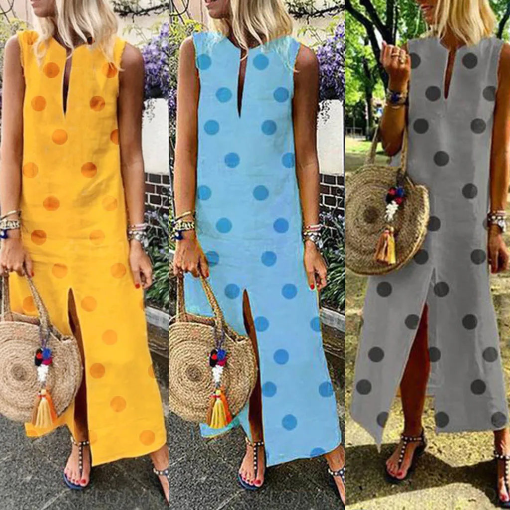 Summer Dress 2019 Women Sleeveless Print V-neck Side Split Bohemian Dresses Shift Boho Maxi Dresses Woman Party Night Vestidos