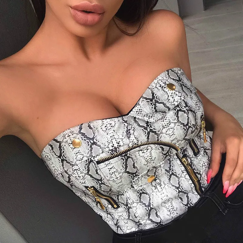 

BKLD Women Strapless Ladies Snake Skin Printed Stretch Tube Tops 2019 Sexy Off Shoulder V-neck Crop Tops Fashion Party Tank Tops