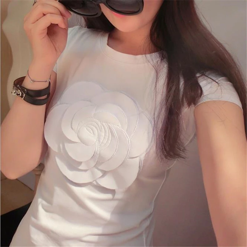 

2016 Newest women summer 3d camellia embroidery luxury t shirt ladies fashion tops slim casual tee shirts vetement femal 20