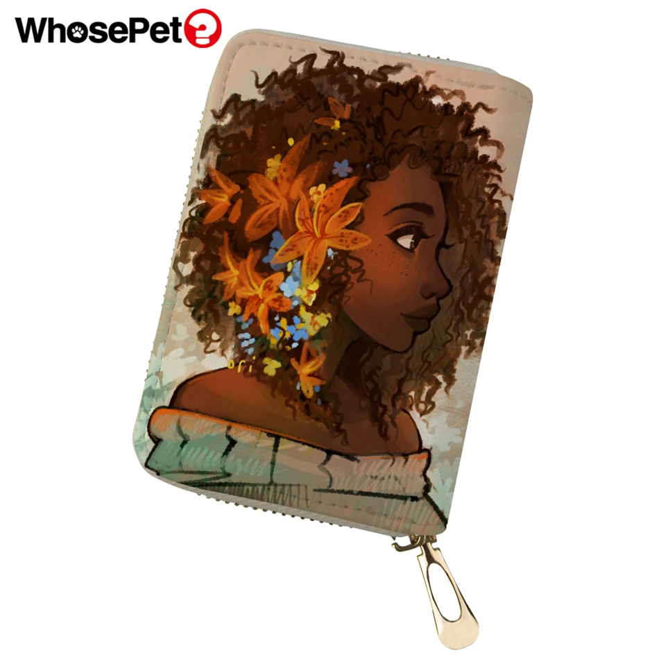 

WHOSEPET Women PU Leather ID Card Cover Mini African Girls Prints Business Card Holder for Ladies Travel Wallet Case Coin Purse
