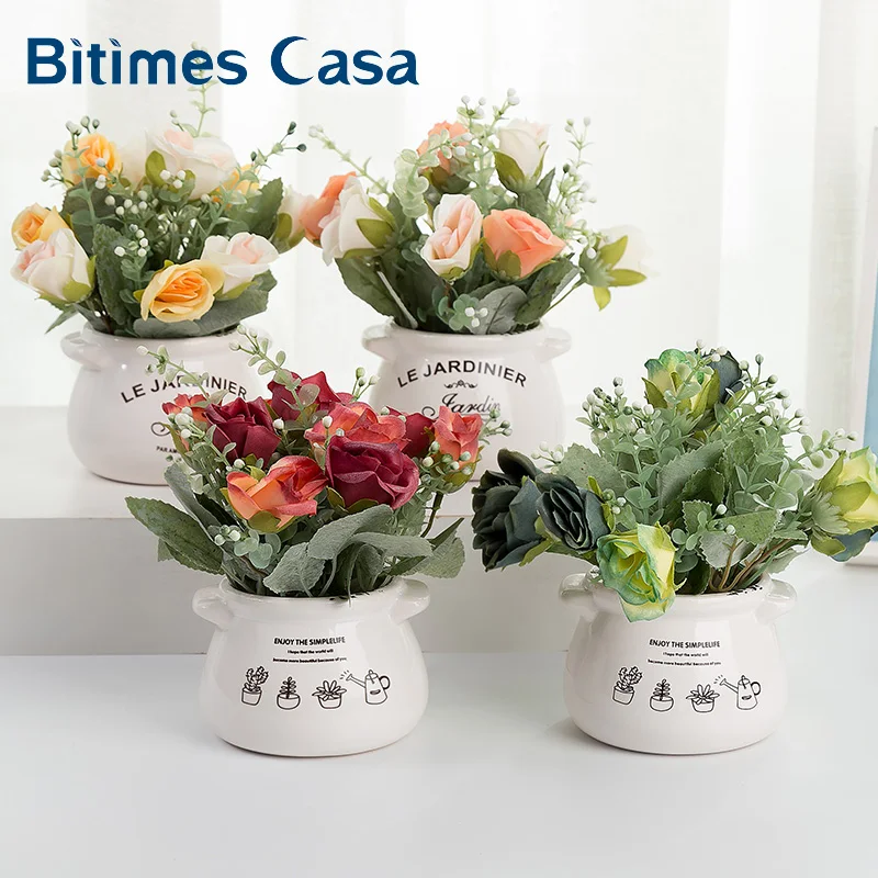

Bitimes Rose Artificial Flowers Pottery Vase Miniascape For Offices Home Decoration Accessories Fake Flowers Potted Bonsai