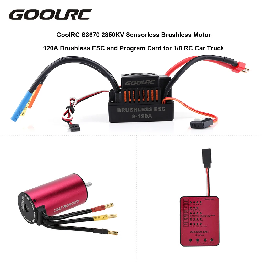 

Original GoolRC S3670 2850KV Sensorless Brushless Motor 120A Brushless ESC and Program Card Combo Set for 1/8 RC Car Truck