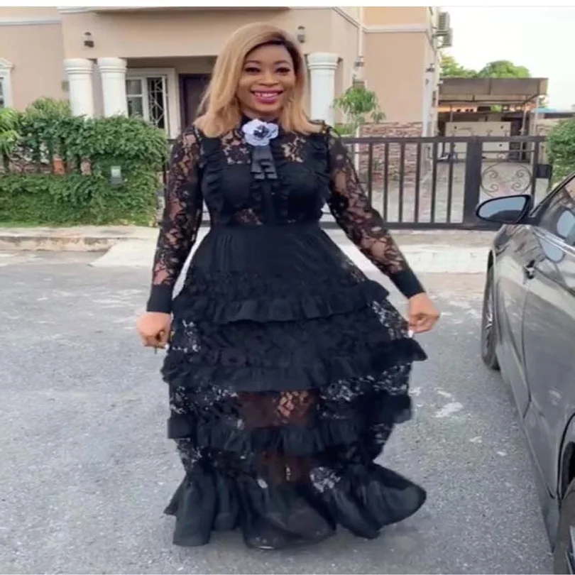 

African Clothes Elegant Lace Maxi Dress Women 2019 Spring Long Sleeve Turn-down Collar Ruffles Robe Dress Partyclub Plus Size