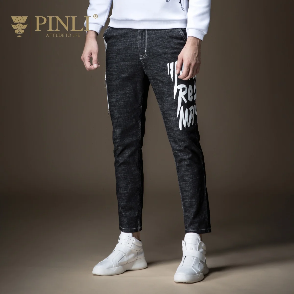 Обтягивающие мужские джинсы одежда бросился печати полной длины Pinli Pin Li новые осенние мужские принты, тонкий ноги, джинсы брюки B183216323