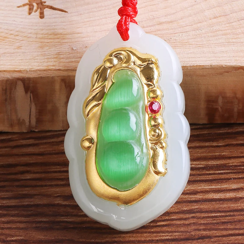 

2018 Nature hetian jade And 24K Gold Green Bean Necklaces Pendant Plant Jewelry Accessories National Certificate Free shipping