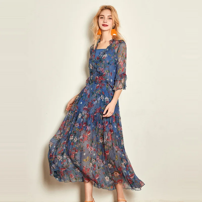CKOUCCOO богемный стиль цветочный принт снаружи натуральный шелк платье новое летнее платье Элегантное высококачественное ТРАПЕЦИЕВИДНОЕ длинное платье