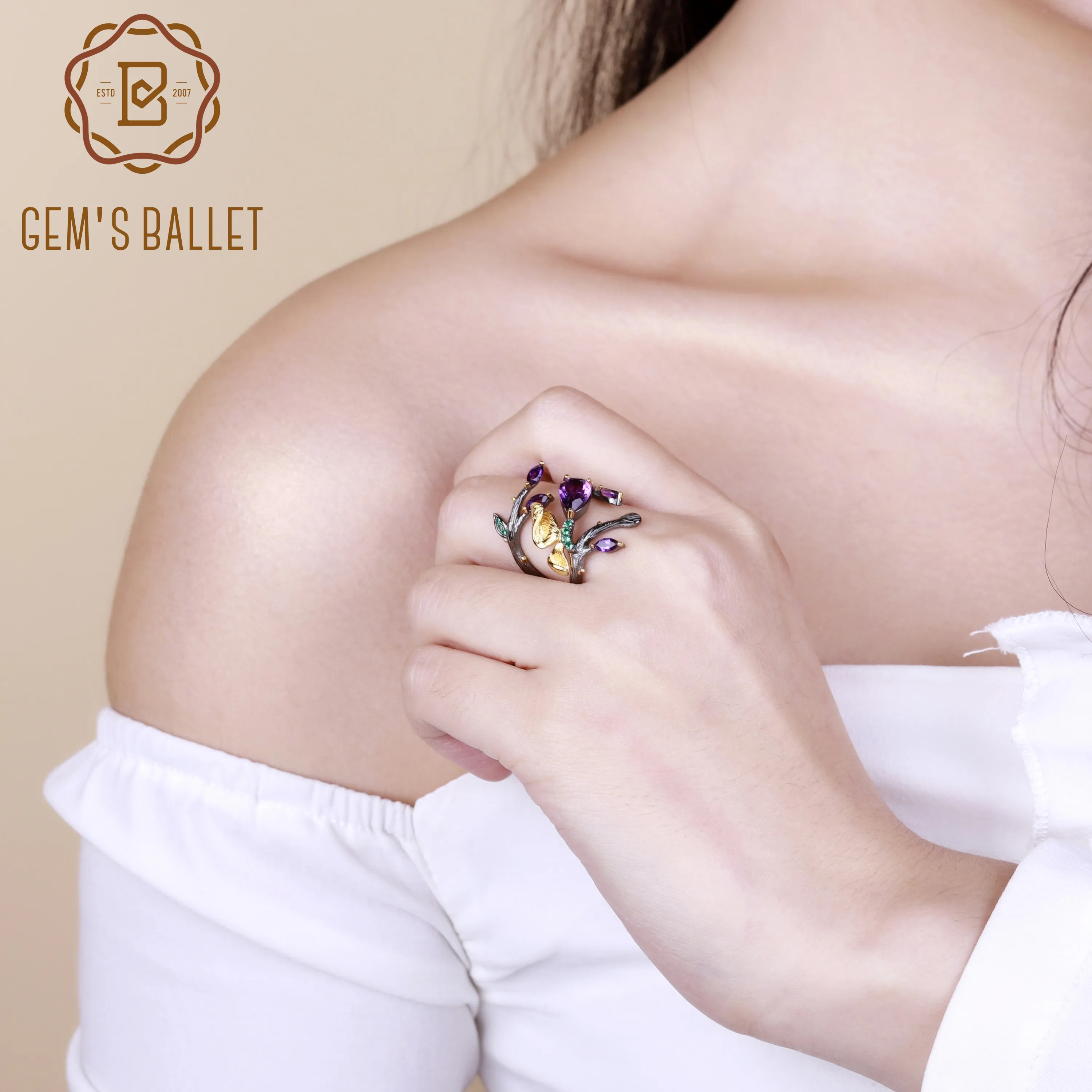 Женское кольцо с натуральным аметистом gemb's BALLET цветком и бабочкой ювелирное