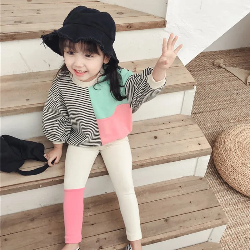 

Children Baby Girl knitting Comfortable Stripes Stitching Long Sleeve Round Collar Tops+Pants 2pcs 2-7Y Toddler Girl Clothes