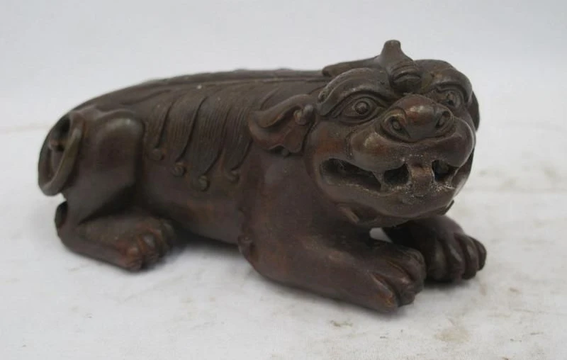 

Chinese Folk bronze Copper talisman Animal Fu Foo Dog Lion Unicorn beast Statue