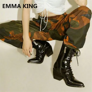 

EMMA KING 2018 Women Fashion Lace-up Zapatos Mujer Pointed Thick Heels Pointed Boots Black Motorcycle Work Martin Boots Women