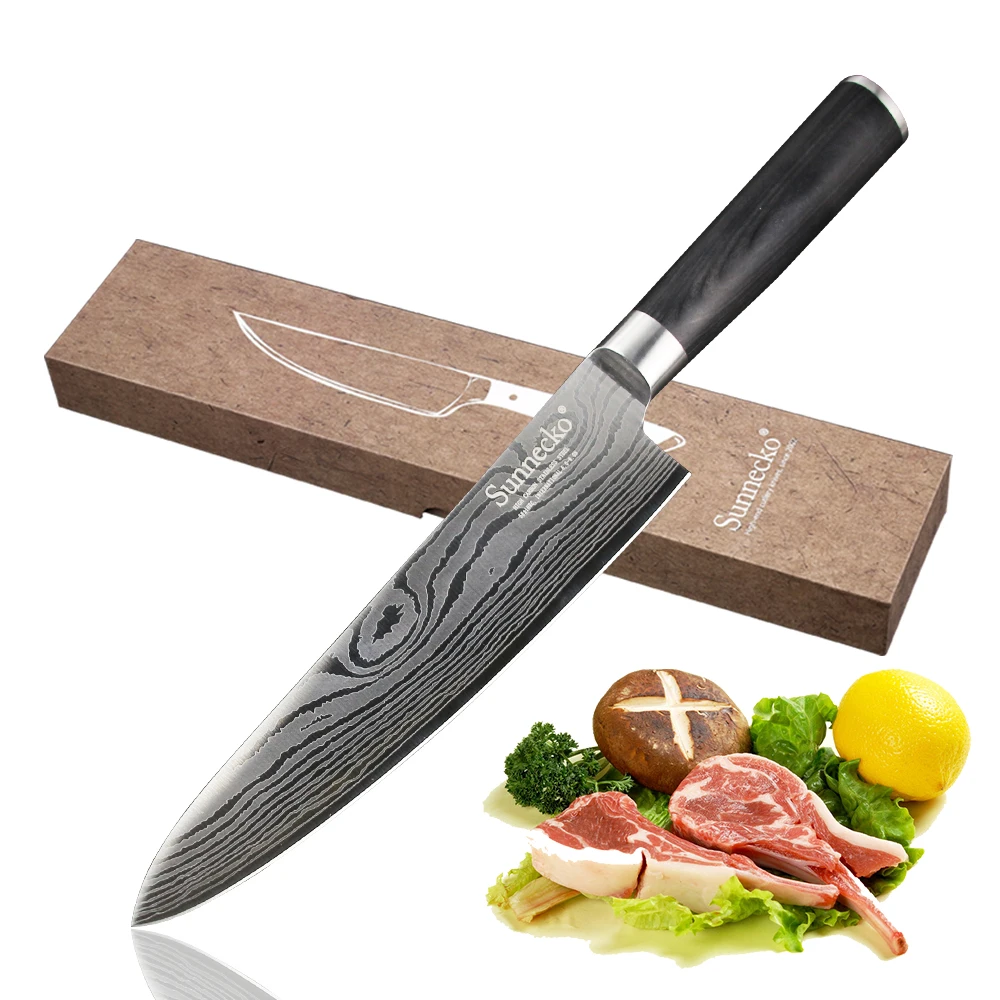 

SUNNECKO Premium 8'' Chef Knife Stainless Steel Blade Sanding Laser Pattern Kitchen Knives Pakka Wood Handle Meat Cooking Tools