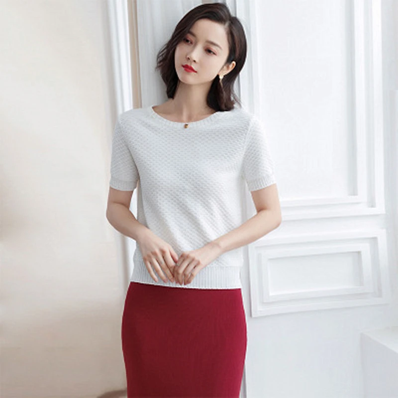 

2019 Spring and Summer New Early Spring Sweater Women's Short-Sleeved Round Neck Pullover Shirt Bottoming Shirt Chic Top Wear