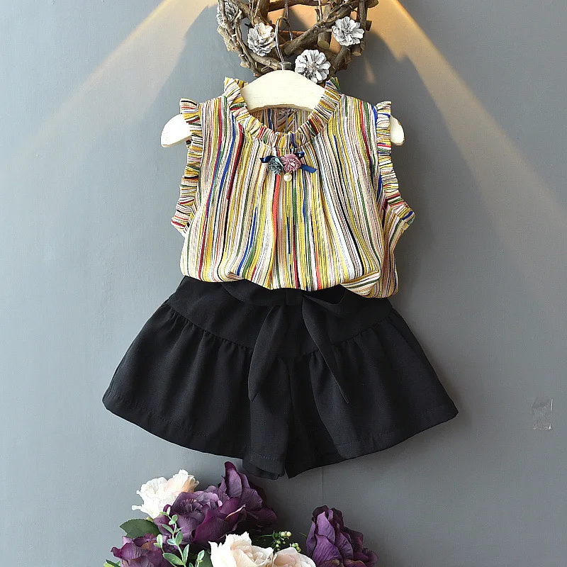 

Street Fashion Toddler Baby Clothes Set Summer Party Sundress Kids Girls Chiffon Vest Tops + Black Bow Shorts Pants Children