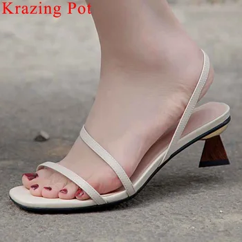 

Krazing Pot full grain leather wood med heels peep toe slip on women sandals concise princess style dancer summer lady shoes L75