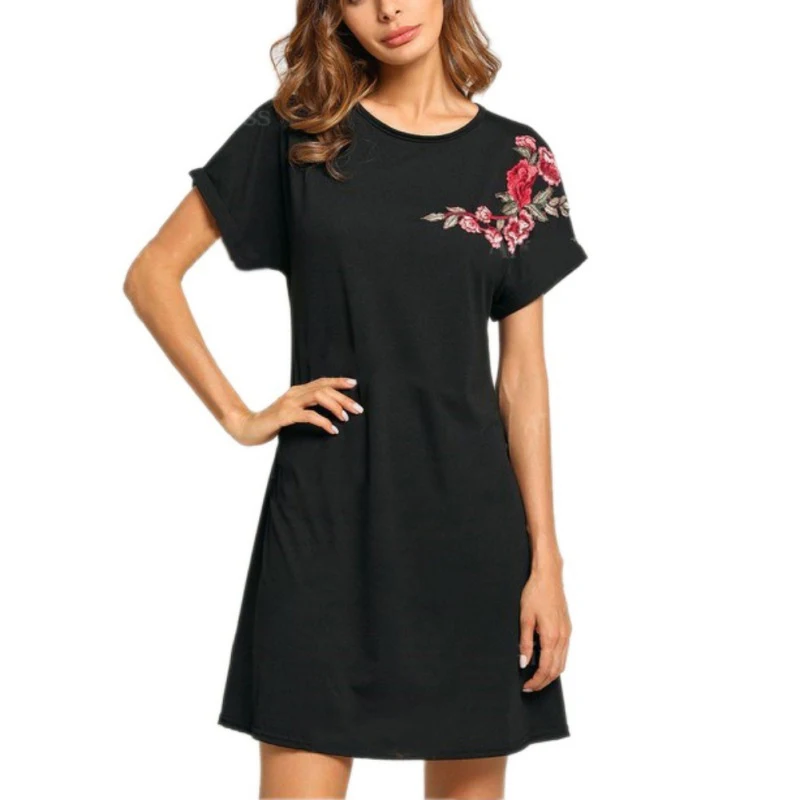 

Embroidered Flower Patch Swing Shirts Dress Black High Neck A Line Long Sleeve Plain Dresses Fall Dresses