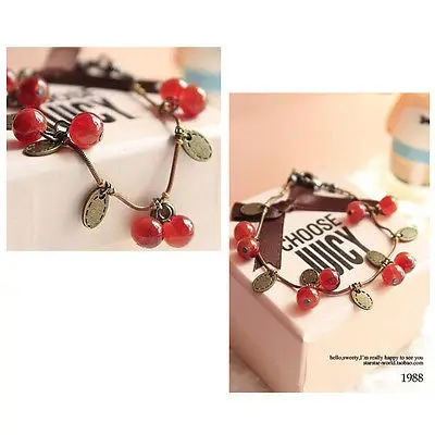 Fashion Sweet Girls Women Lady Chain Bracelet With Ruby Cherries Charm Pendant