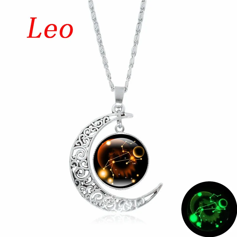 XUSHUI XJ 12 Созвездие стекло кабошон кулон ожерелье серебро полумесяц ювелирные изделия цепь ожерелье для женщин Девушка семья подарки - Окраска металла: Leo